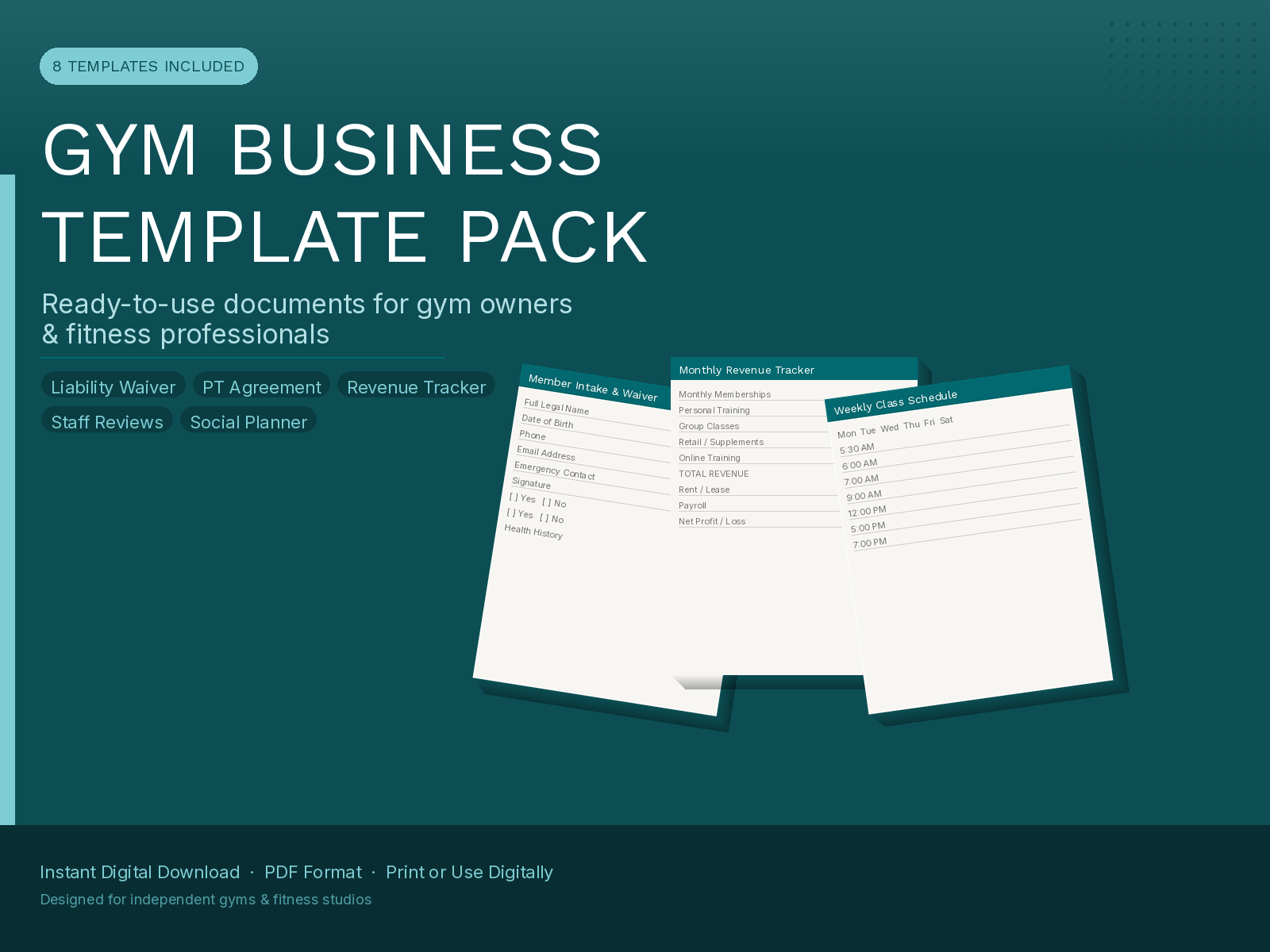 Gym Business Template Pack | 8 Essential Documents for Gym Owners & Fitness Studio Professionals | Printable PDF Templates
